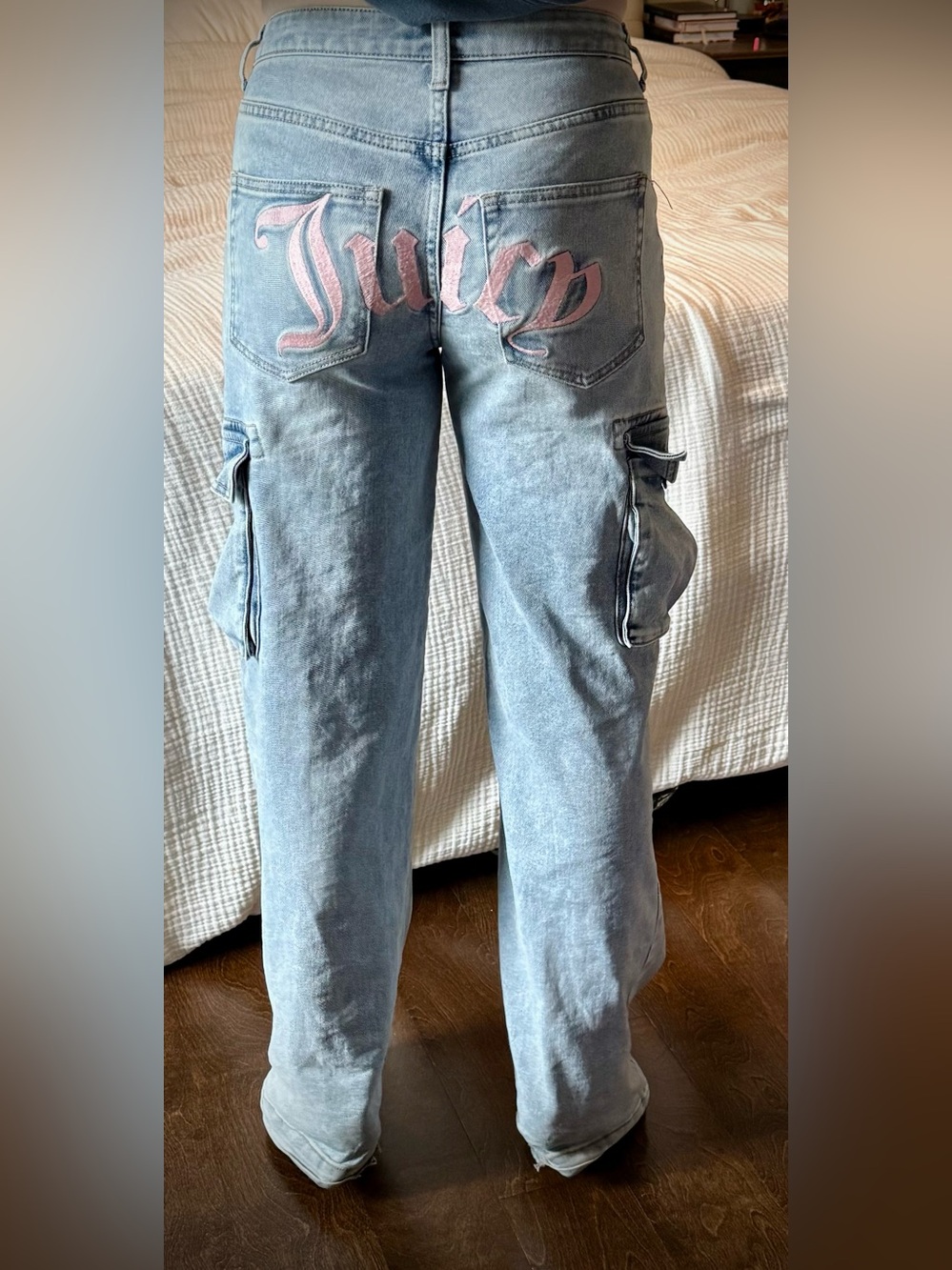 Juicy Couture Light Blue Cargo Jeans with Pink Embroidered Logo
